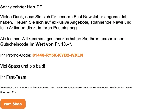 Nachweis des Gutscheins - Fust - Fust Willkommensgeschenk: [[10.– Fr. Gutschein]] für deinen nächsten Einkauf