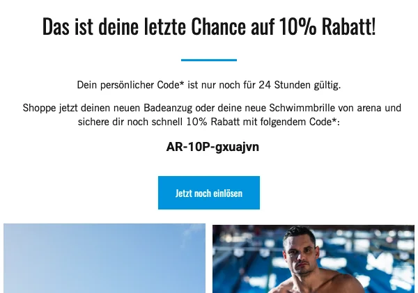 Nachweis des Gutscheins - arena - arena Willkommensrabatt: [[10 % Rabatt]] auf deine erste Bestellung - abgelaufen