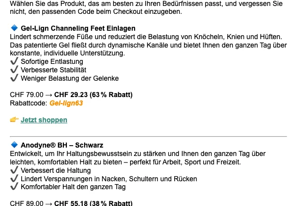 Nachweis des Gutscheins - Anodyne - Gel-Lign Gutschein: [[63 % Rabatt]] auf Gel-Lign Channeling Feet Einlagen - abgelaufen