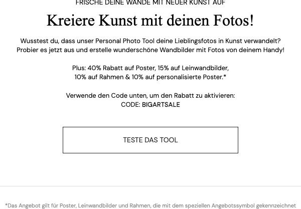 Nachweis des Gutscheins - Desenio - BIG ART SALE: [[40 % Rabatt]] auf Poster - abgelaufen