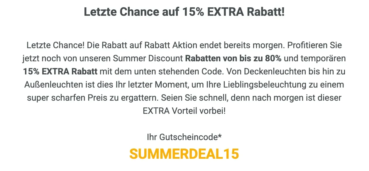 Nachweis des Gutscheins - Lampen und Leuchten - Lampen und Leuchten [[15 % extra rabatt]] auf summer discount