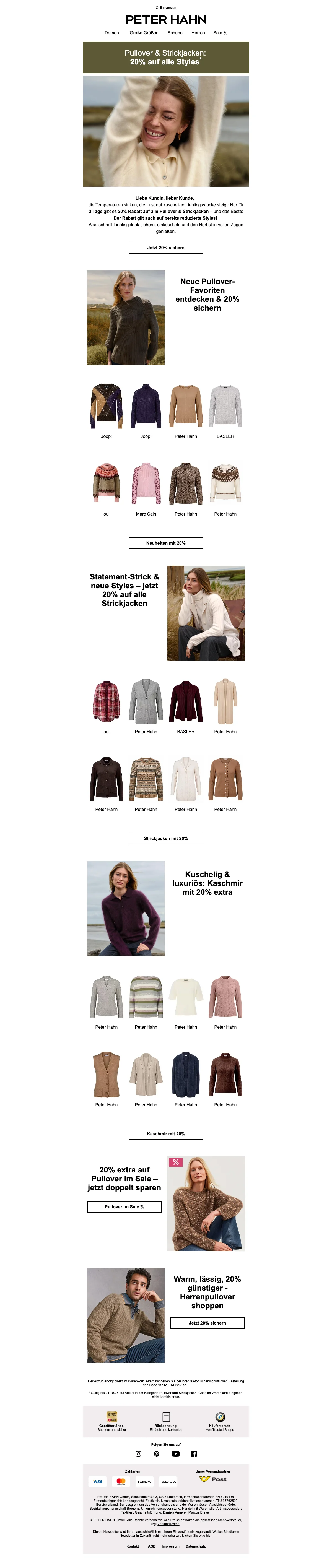 Nachweis des Gutscheins - Peter Hahn - Angebot: 20 % auf pullover und strickjacken für herren