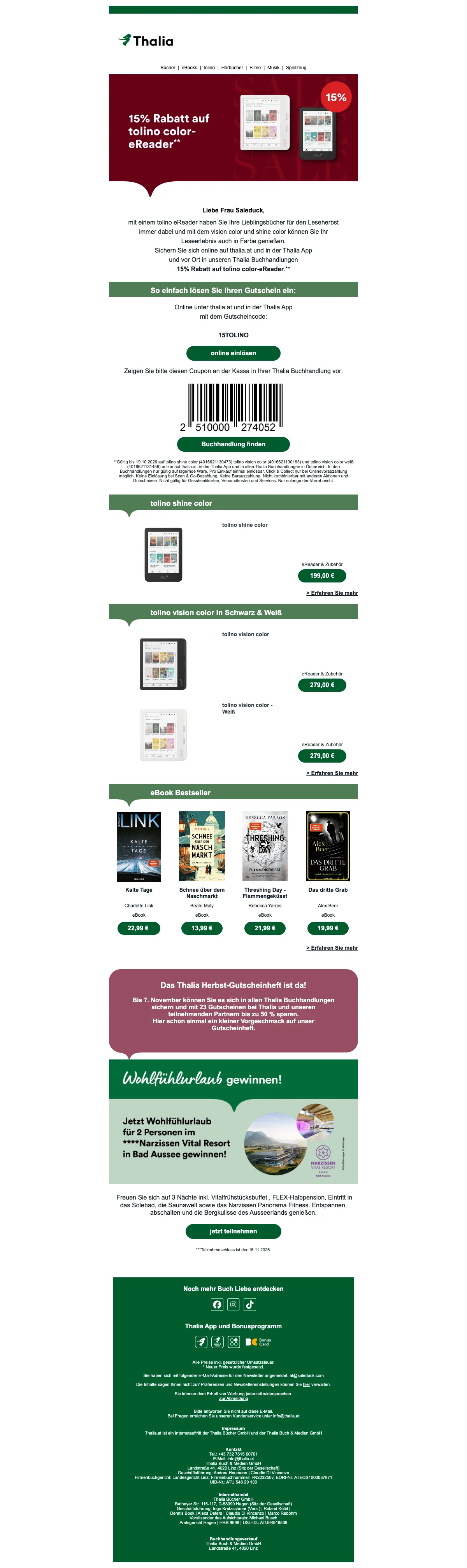 Nachweis des Gutscheins - Thalia - Gutschein: 15% Rabatt auf tolino color eReader online und vor Ort