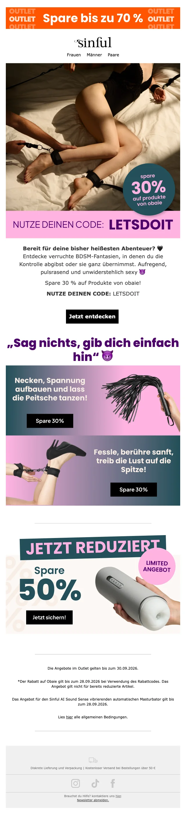 Nachweis des Gutscheins - Sinful - 30 % Rabatt auf ausgewählte Erotikprodukte und Outlet-Angebote