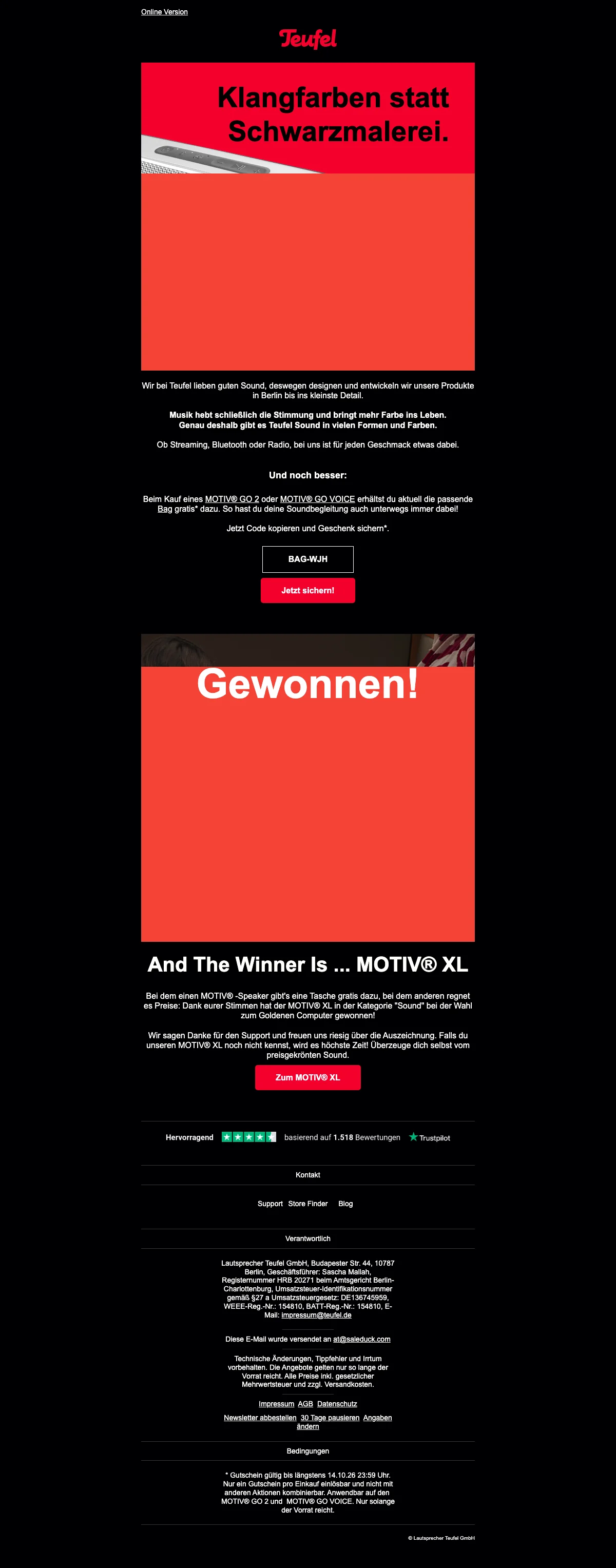 Nachweis des Gutscheins - Teufelaudio - Gutschein: [[Gratis Tasche]] beim Kauf eines MOTIV GO 2 oder MOTIV GO VOICE