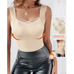 Sheer Mesh Spliced V Neck Sleeveless Built In Bra Tank Casual Warm Fleece Lined Slim Fit Top